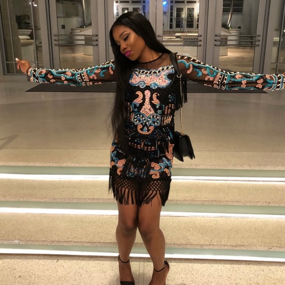 Crochet & Embellished Mesh Black Dress - Picture 2 of 4